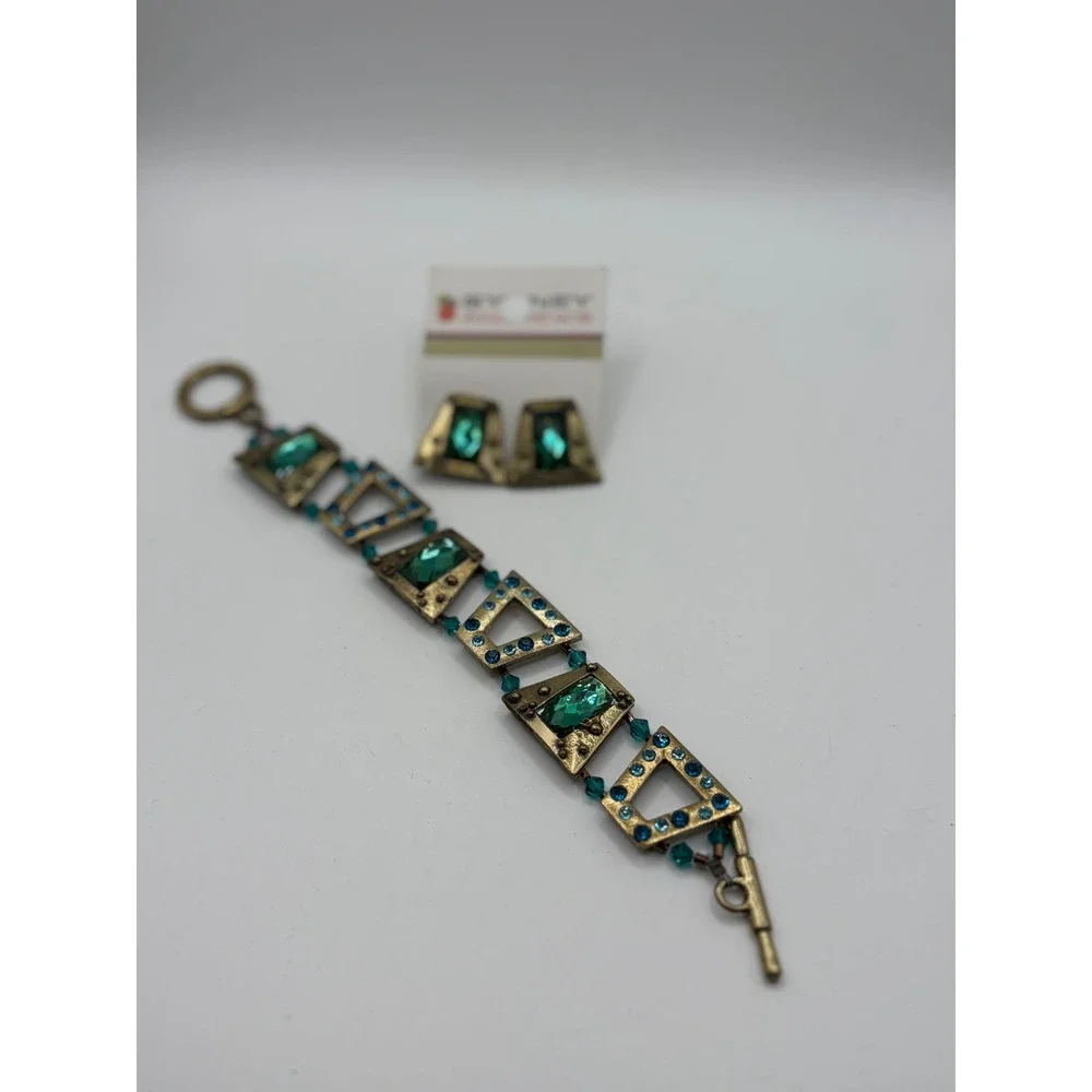 Sydney Andrews Green Crystal Brass Tone Geometric Bracelet and Earring Set